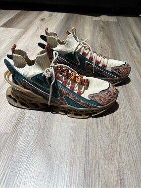 Men's Cream and Teal Knit Performance Sneakers with Brown Accents